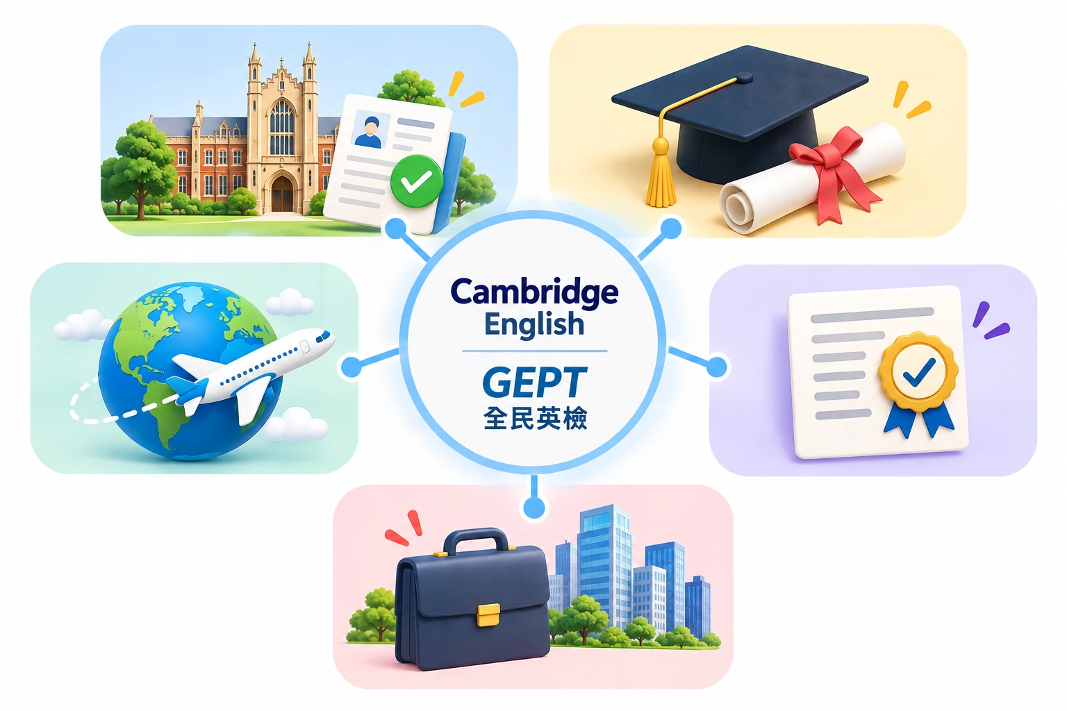 Illustration of possible uses of Cambridge English and GEPT qualifications, including university requirements, graduation, study abroad, proof of English ability and employment.