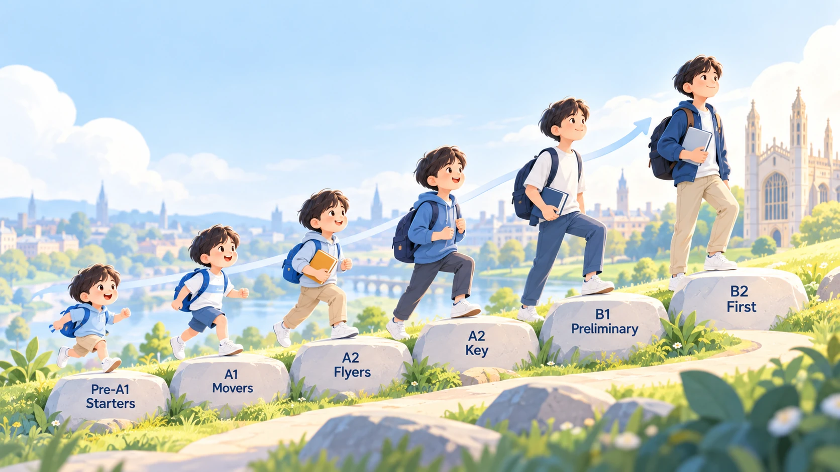 Illustrated Cambridge English learning journey from Pre-A1 Starters through B2 First.