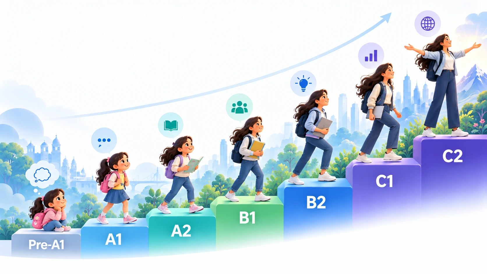 Student progressing through CEFR English levels from Pre-A1 to C2
