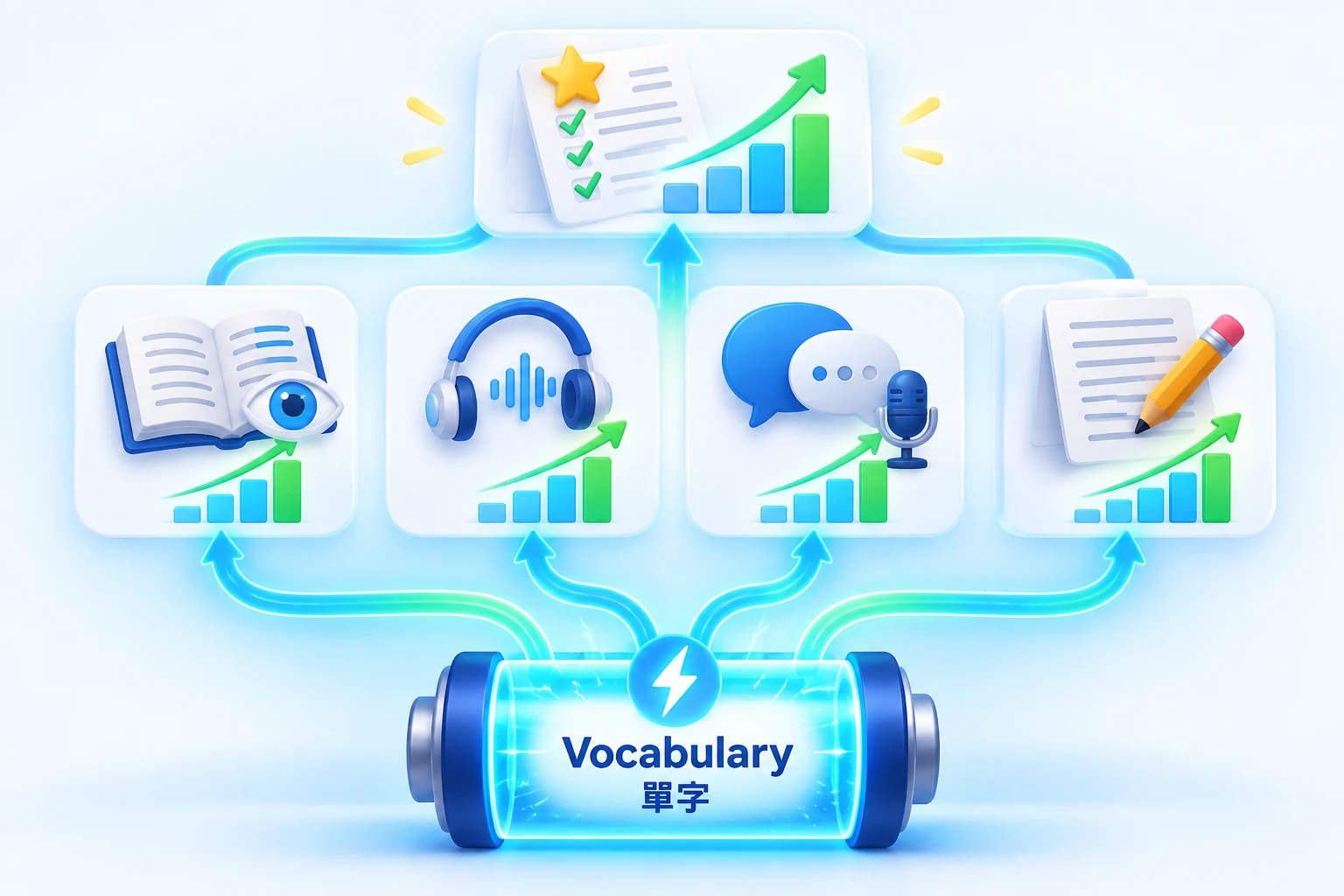 Illustration showing vocabulary as a power source supporting reading, listening, speaking and writing skills.